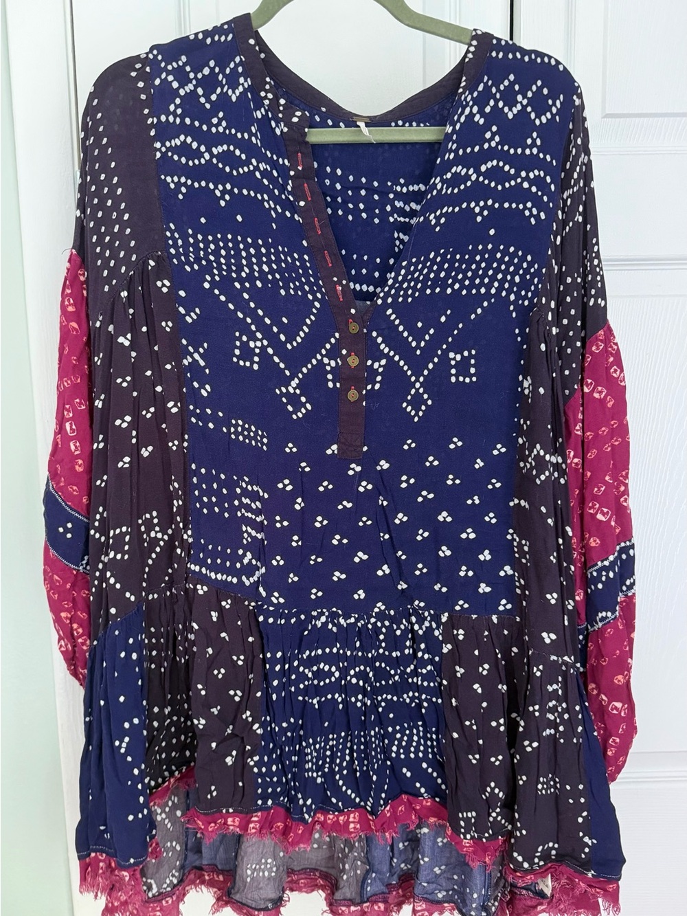 Free People Navy and Pink Patchwork V-Neck Tunic